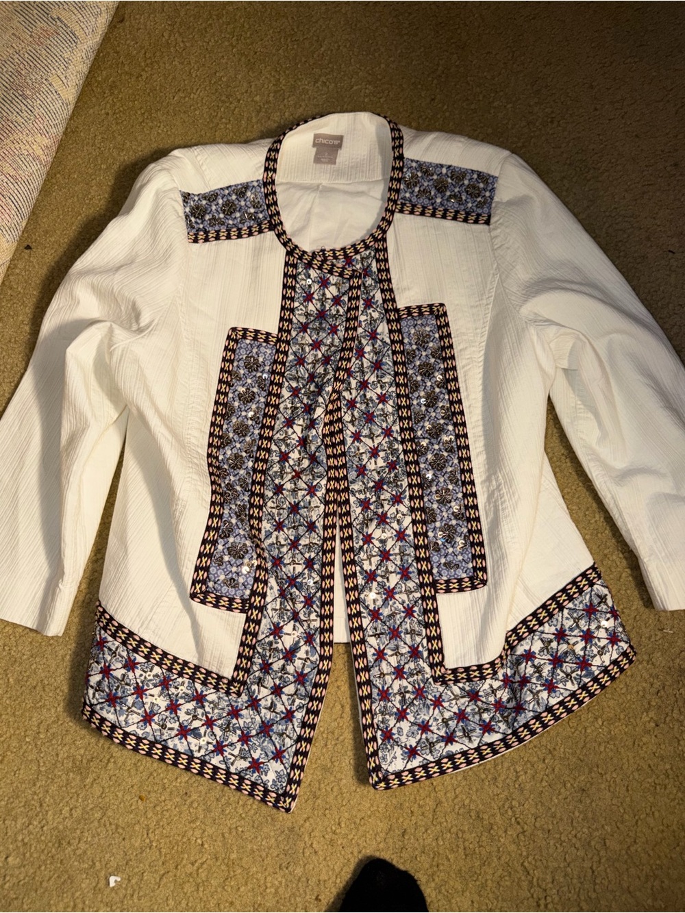 Chico's White Multicolor Trim W/Embellishments Long Sleeve Open Jacket Size 2